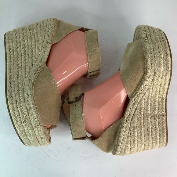 SOLUDOS Open Toe Wedge Ankle Buckle Up Beige Leather Espadrilles Women's Sz.9.5 - Picture 3 of 11